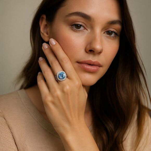 925 Silver Blue Topaz Diamond Ring Cushion Cut Gold Accents Cocktail Jewelry - Picture 2 of 11